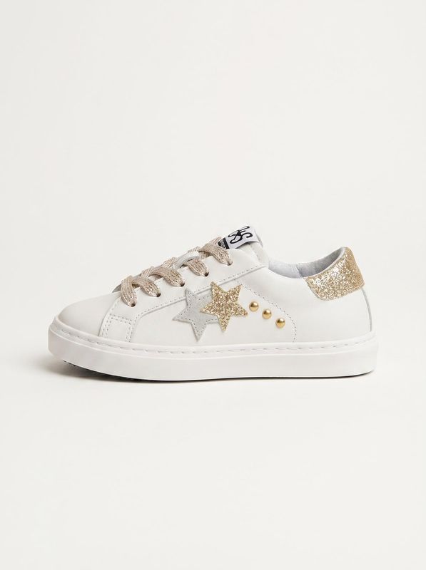 Scarpe sneakers artigianali con logo laterale Bianco-Oro 2Star
