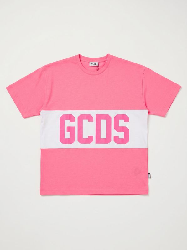 T-shirt with central logo Fuxia Fluo GCDS