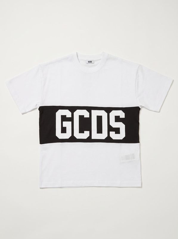T-shirt with central logo Black and White GCDS