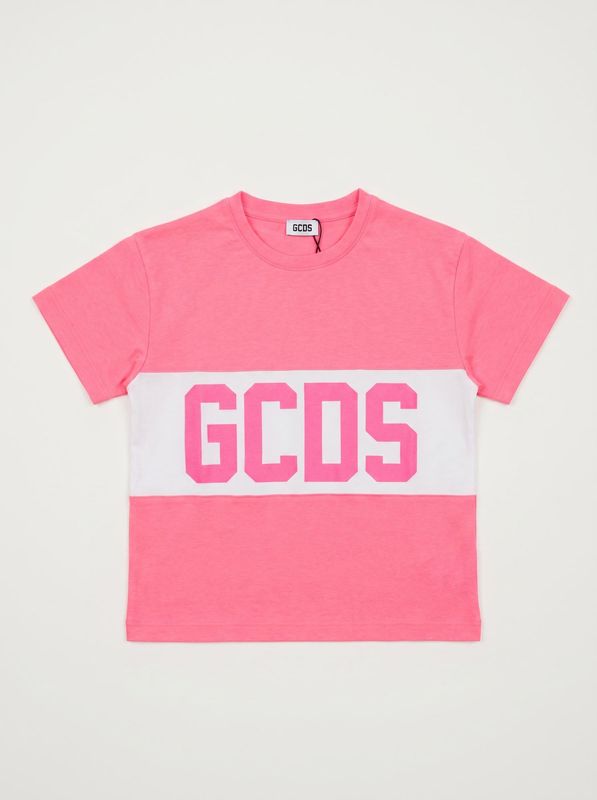 Half-sleeved T-shirt with central logo Fuxia Fluo GCDS